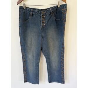 Y2K Route 66 Button Fly Copper Embroidered Western Denim Jeans Size 18W Blue